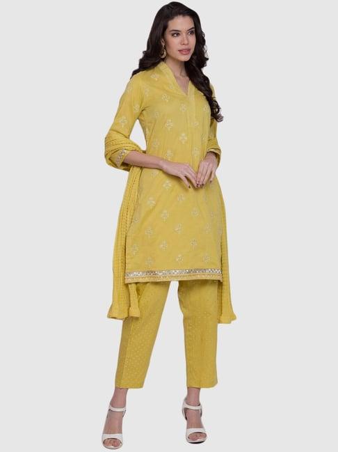 biba yellow cotton embroidered kurta pant set with dupatta