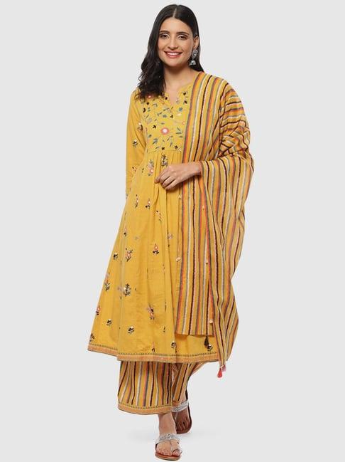 biba yellow cotton embroidered kurti palazzo set with dupatta