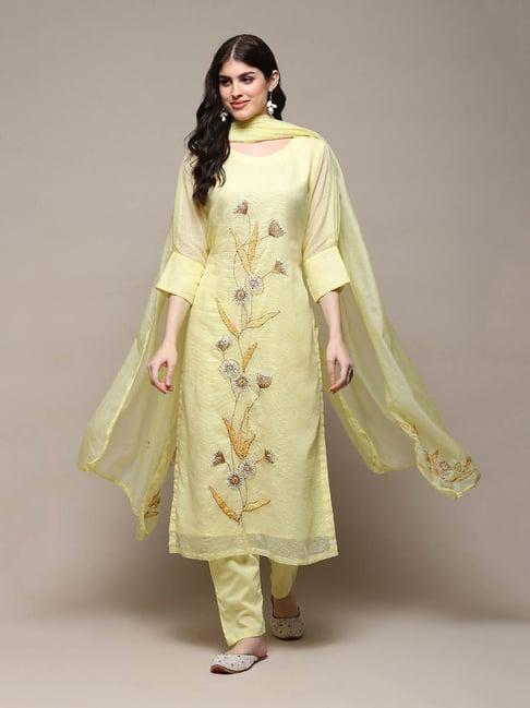 biba yellow cotton embroidered unstitched dress material