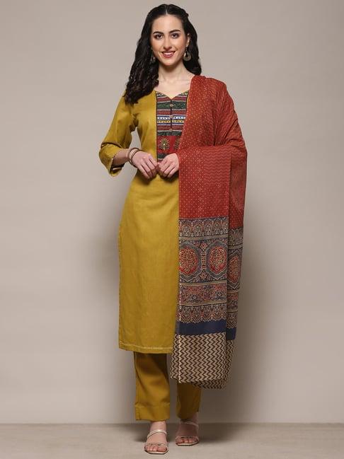 biba yellow cotton embroidered unstitched dress material