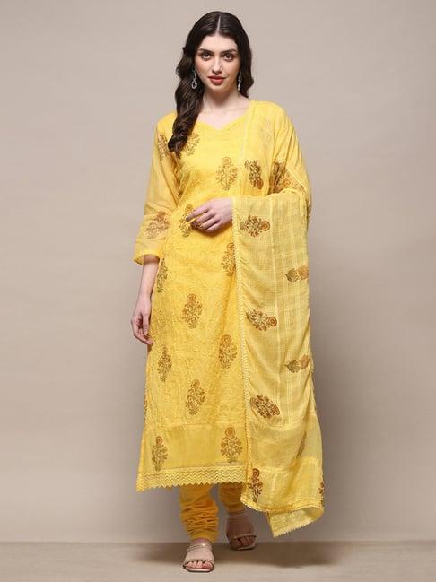 biba yellow cotton embroidered unstitched dress material