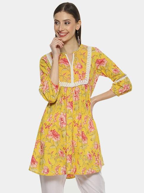 biba yellow cotton floral print a line kurti