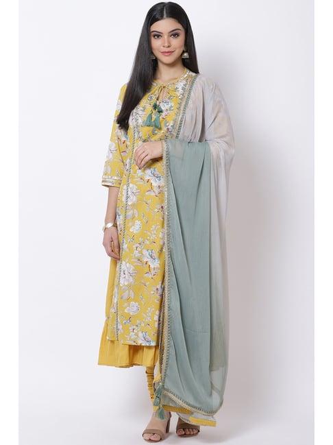 biba yellow cotton printed kurta pant set with dupatta