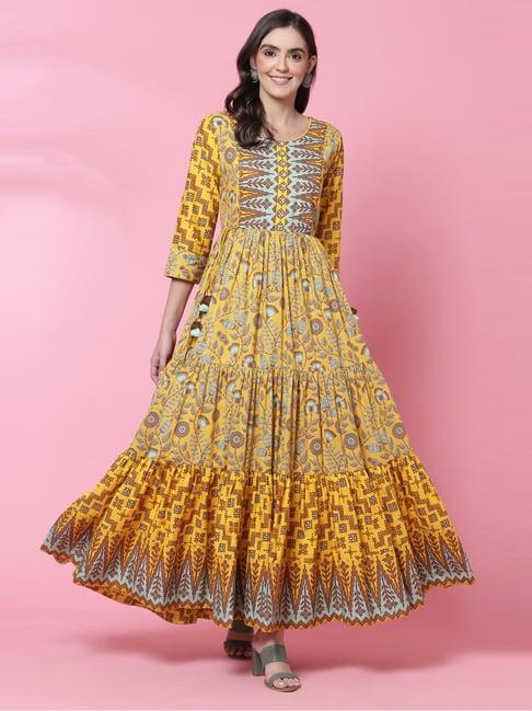 biba yellow cotton printed maxi dress