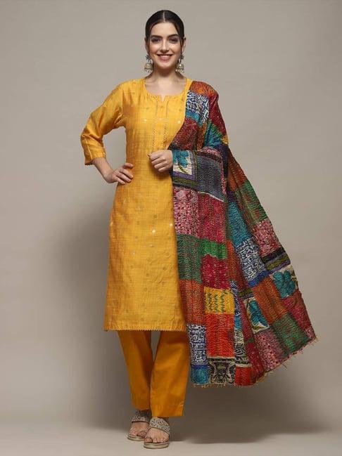 biba yellow cotton woven pattern unstitched suit set