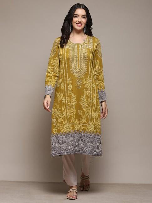 biba yellow embellished straight kurta