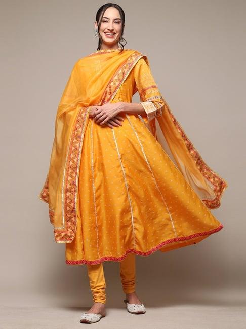 biba yellow embroidered kurta churidar set with dupatta