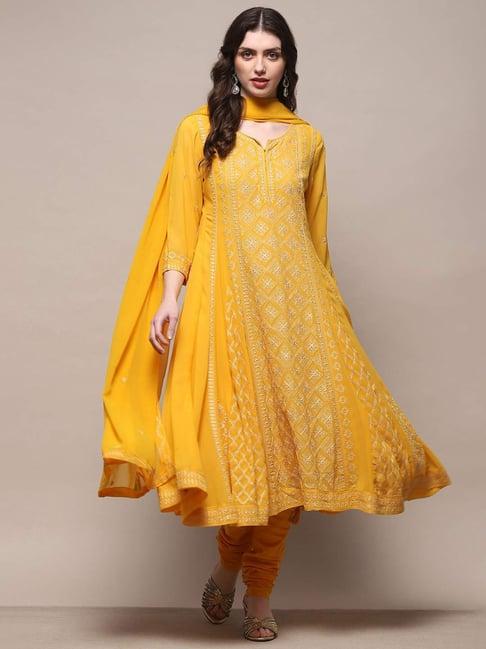 biba yellow embroidered kurta churidar set with dupatta