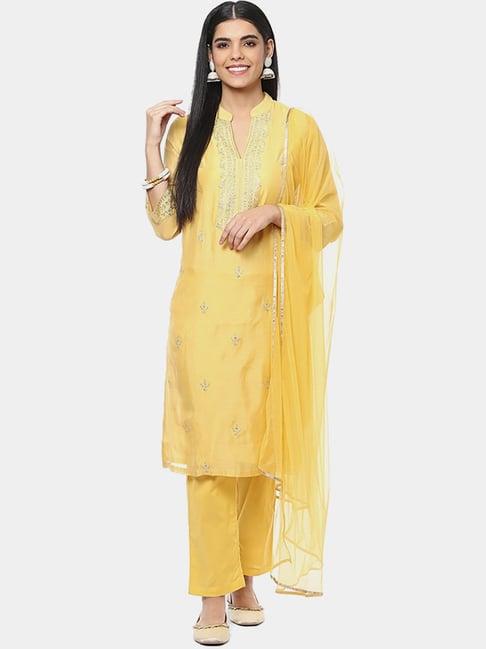 biba yellow embroidered kurta pant set with dupatta