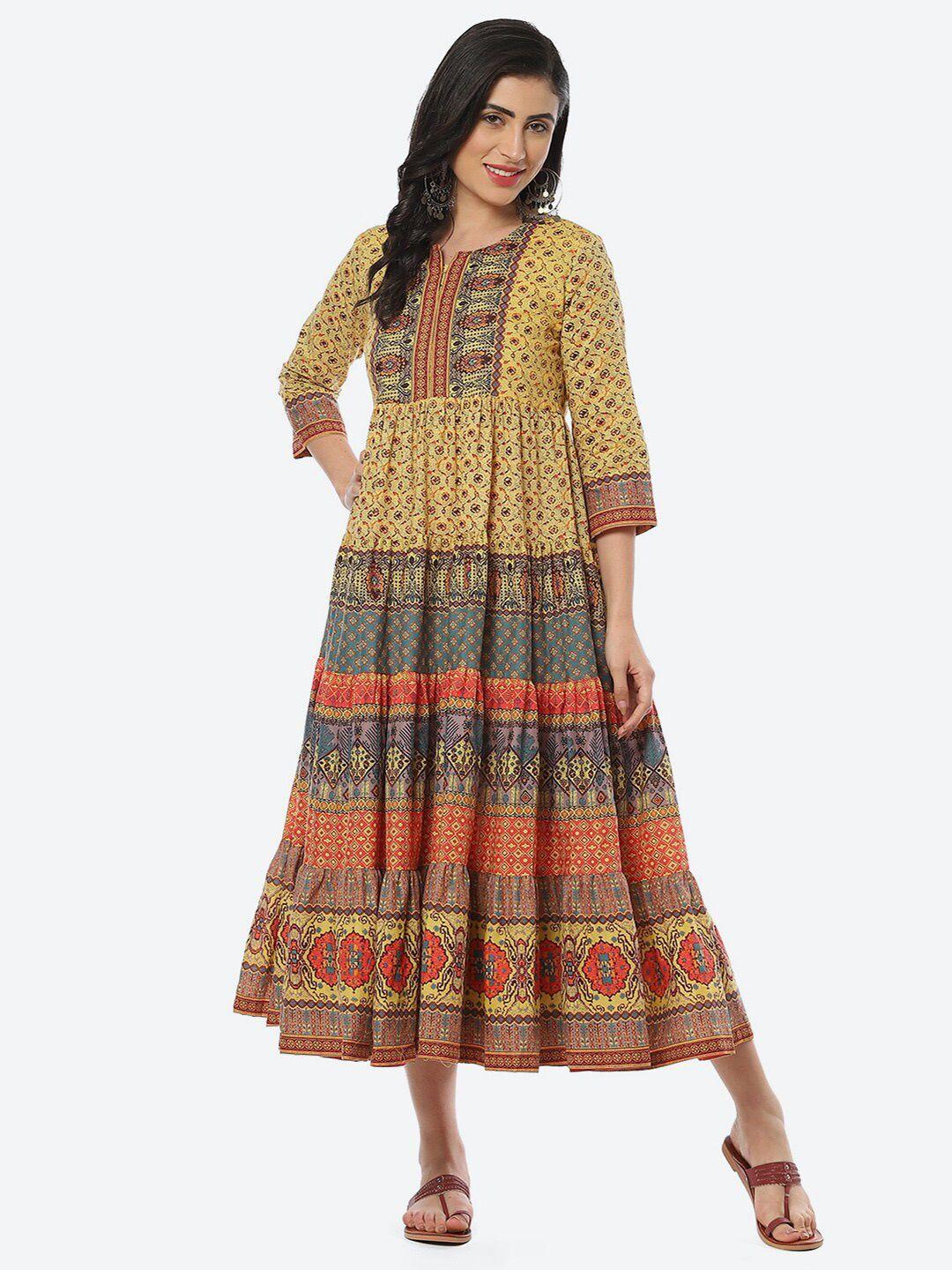biba yellow ethnic motifs printed a-line midi cotton dress