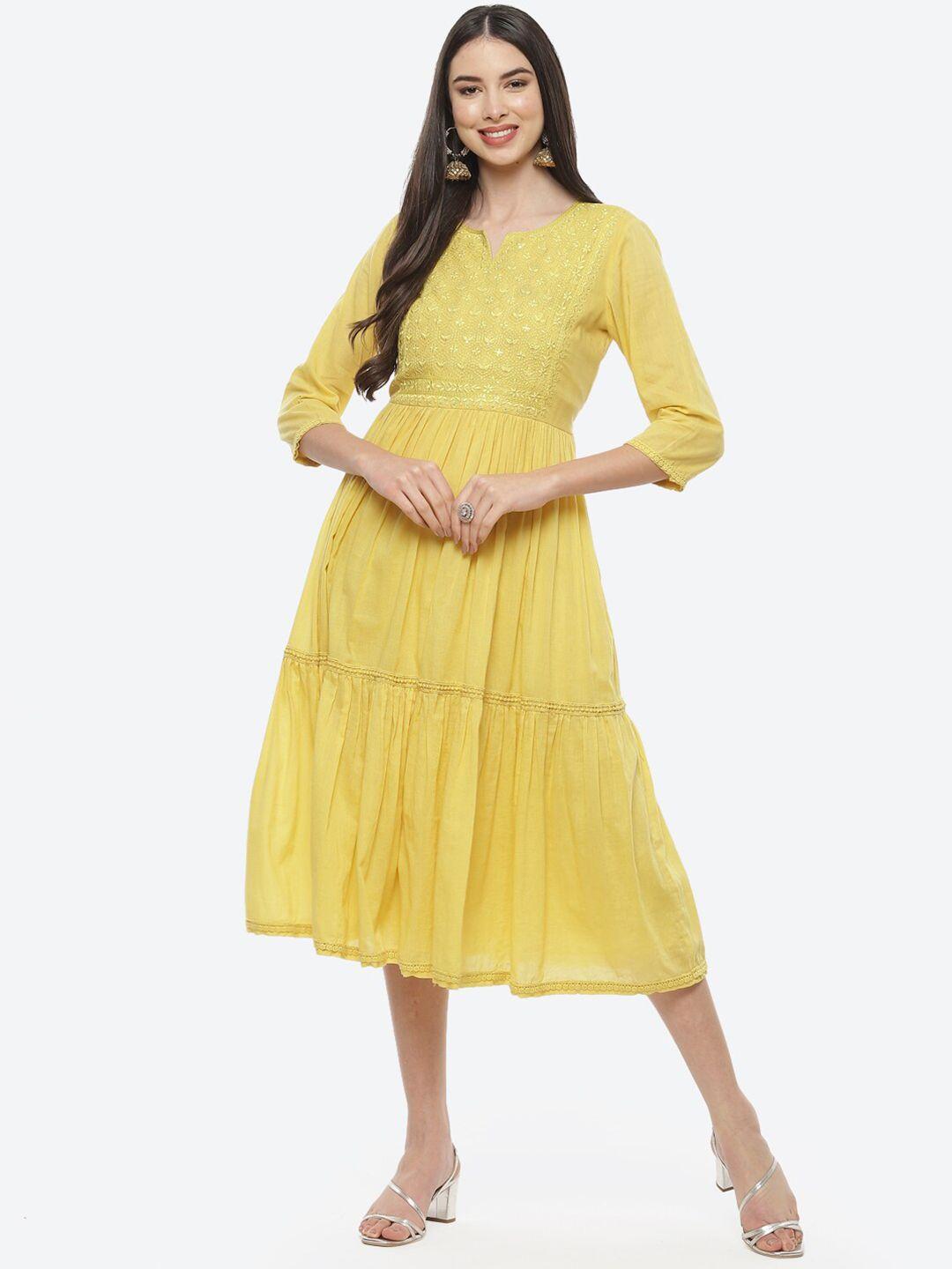 biba yellow floral embroidered ethnic midi dress