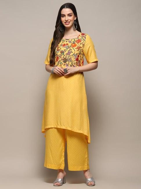 biba yellow floral print kurta palazzo set