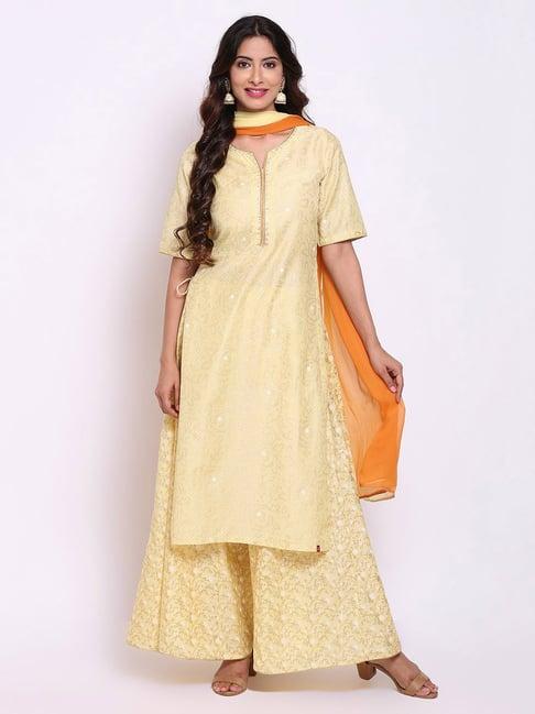 biba yellow polka dots kurta with palazzo & dupatta