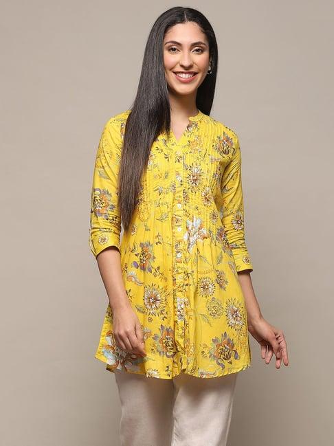 biba yellow printed cotton straight kurti