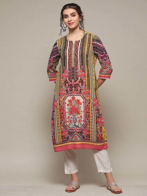 biba yellow printed straight kurta