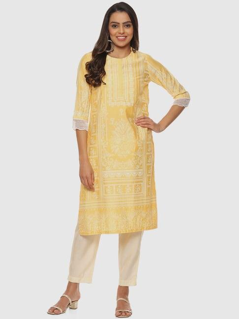 biba yellow printed straight kurta