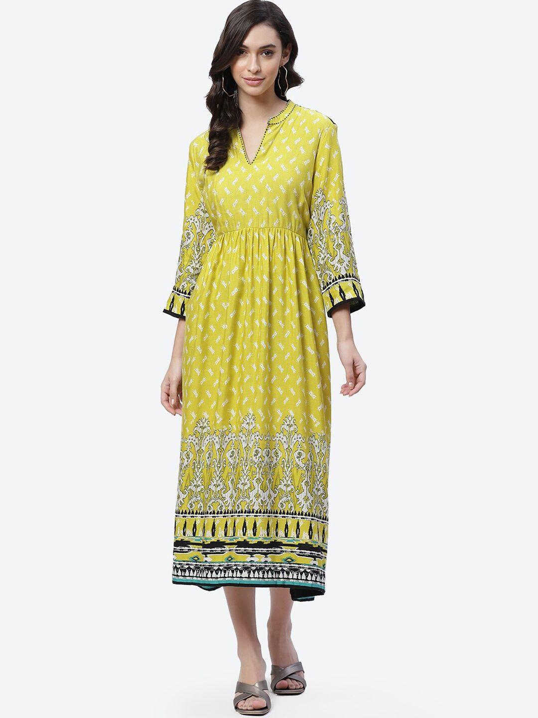 biba yellow women ethnic motifs ethnic midi dress