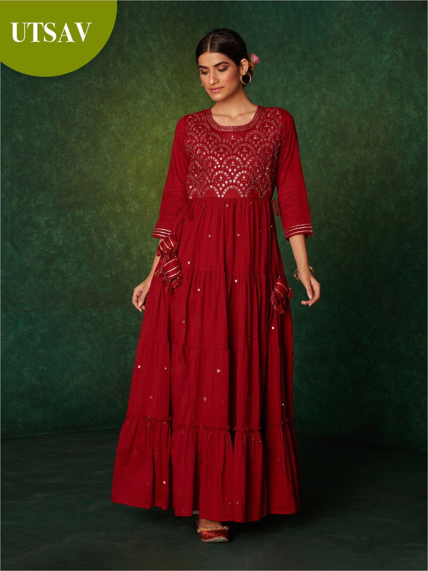 bidri red mirror embroidered tiered dress likdrs37