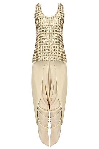 biege and gold embroidered top, cape and dhoti pants set