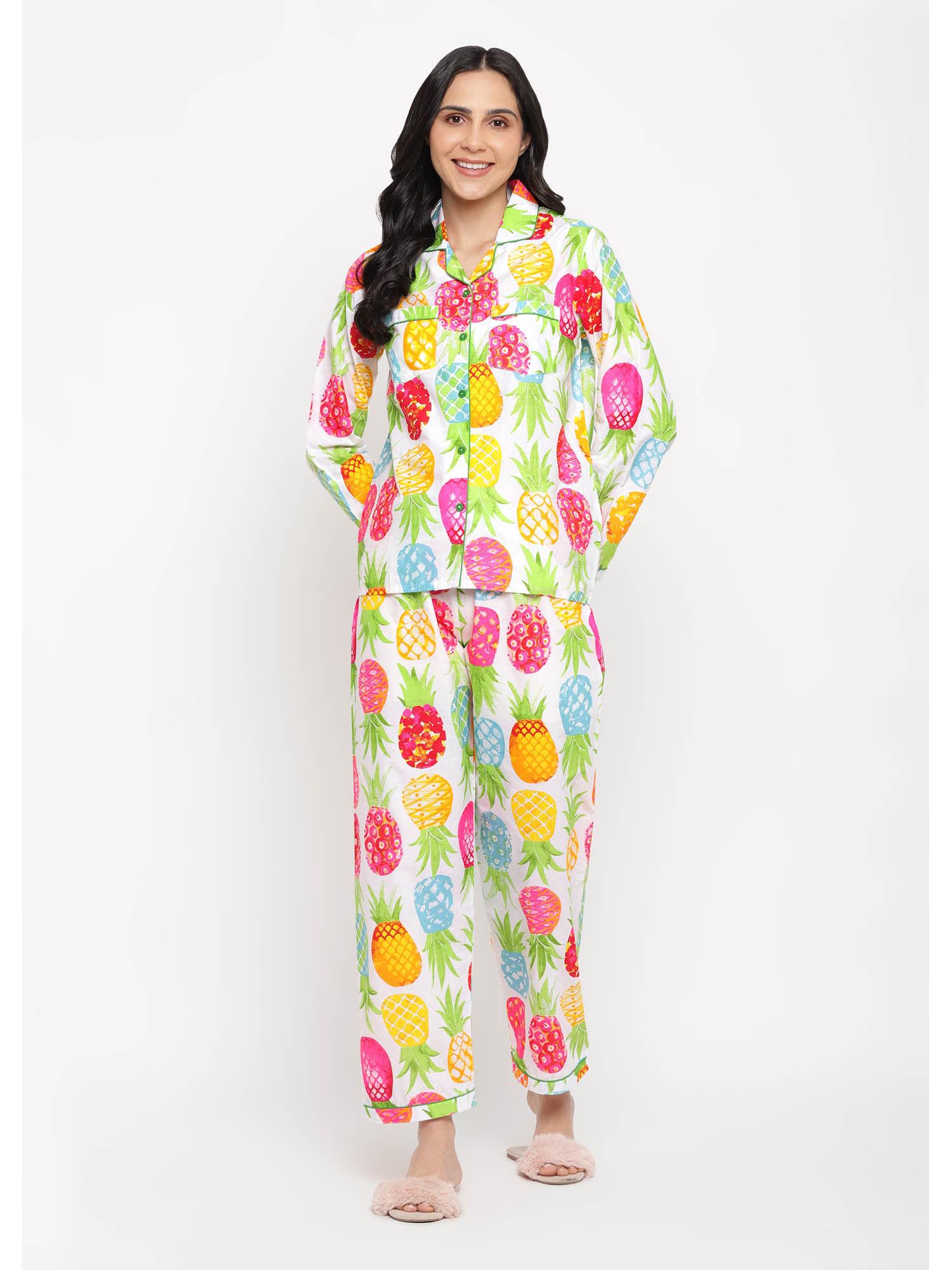 big and bright pineapple print long sleeve womens night suit (set of 2)