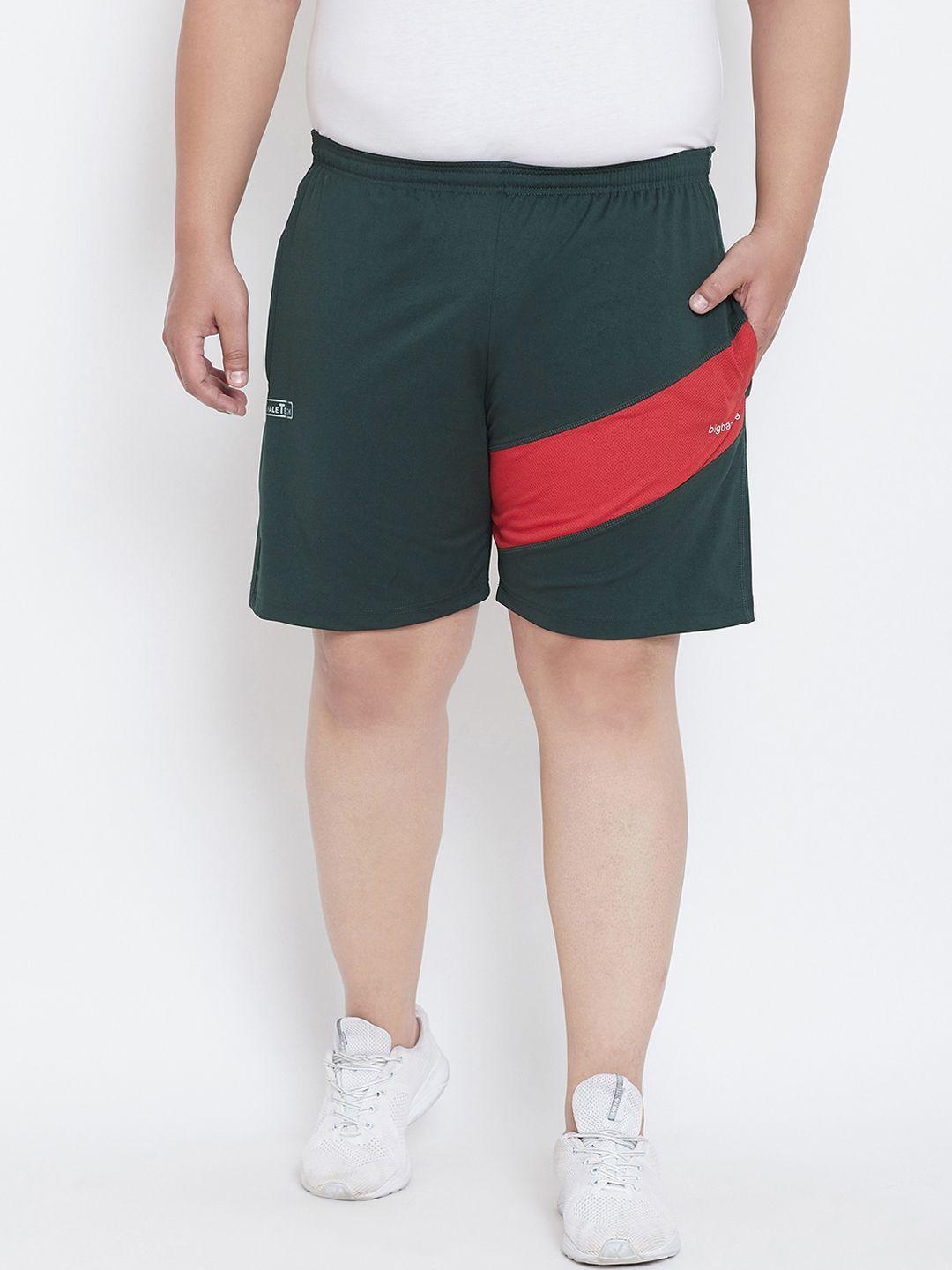 bigbanana men green & red colourblocked regular fit sports shorts