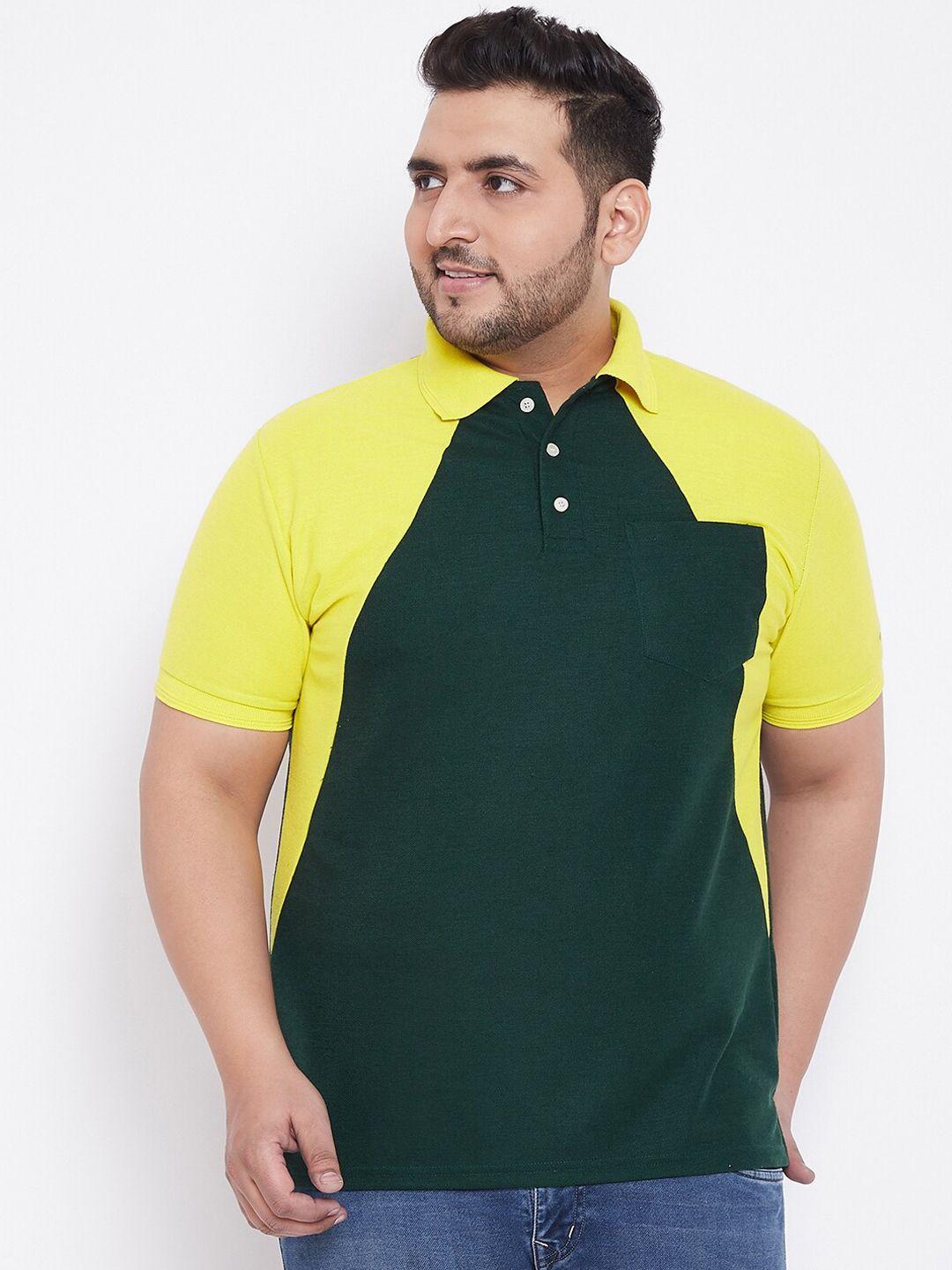 bigbanana men green & yellow colourblocked polo collar t-shirt