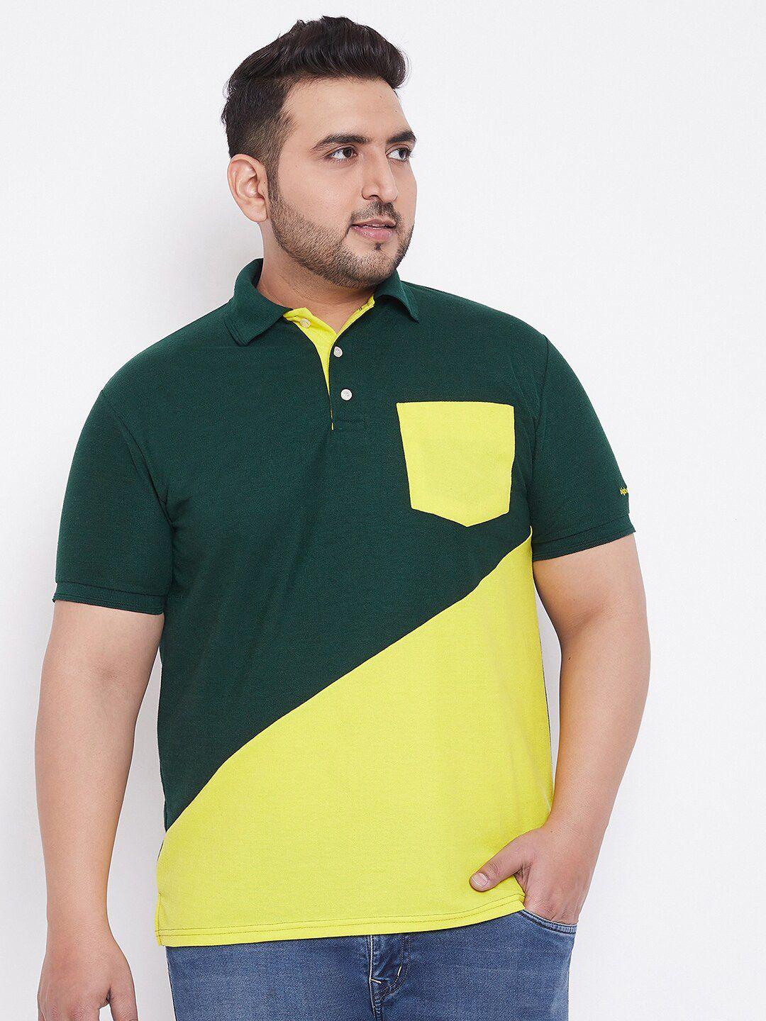 bigbanana men green colourblocked polo collar t-shirt
