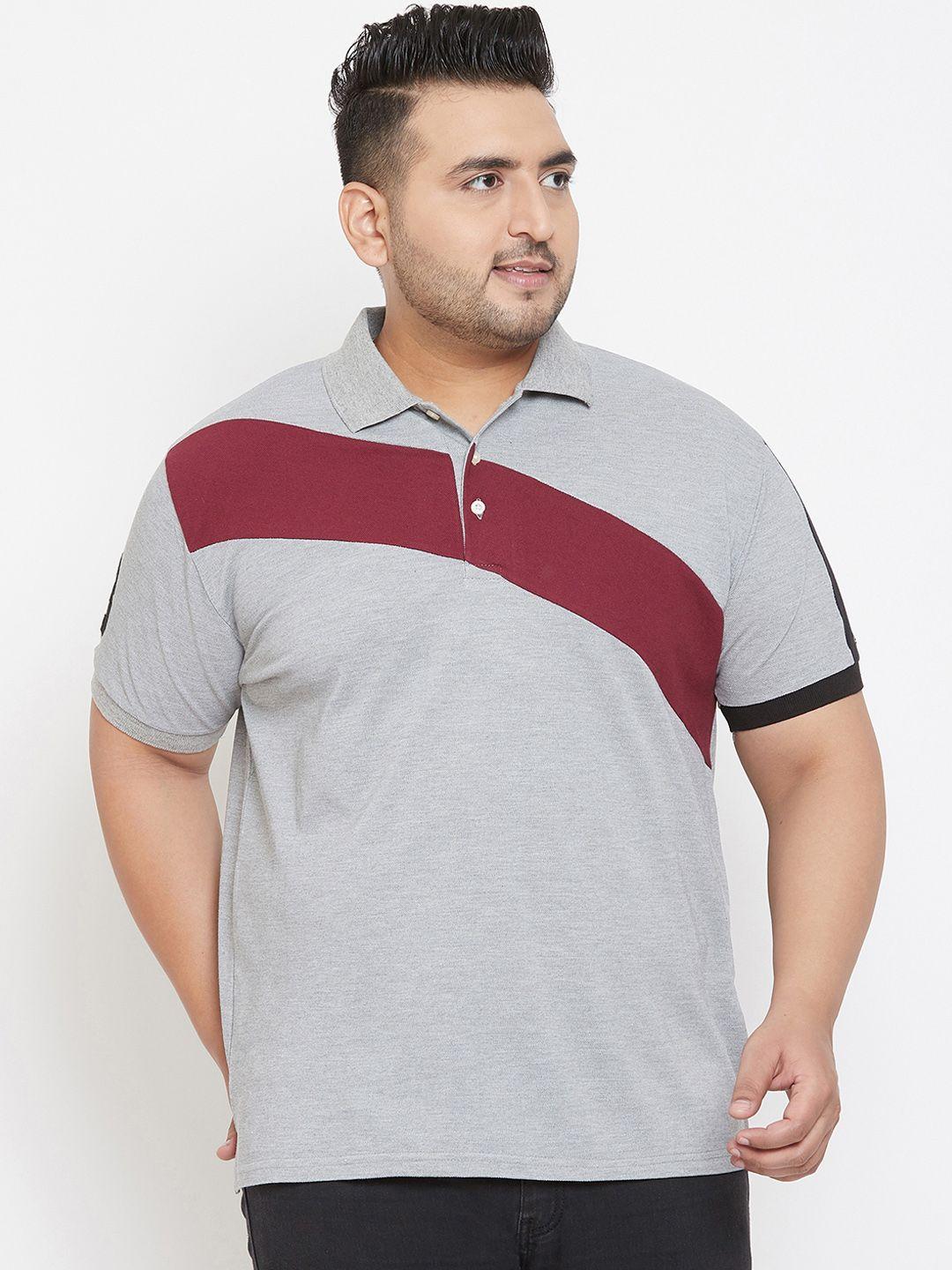 bigbanana plus size men grey  maroon colourblocked polo collar t-shirt
