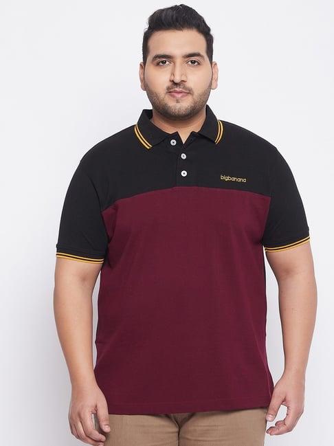 bigbanana black & maroon cotton regular fit colour block plus size polo t-shirts