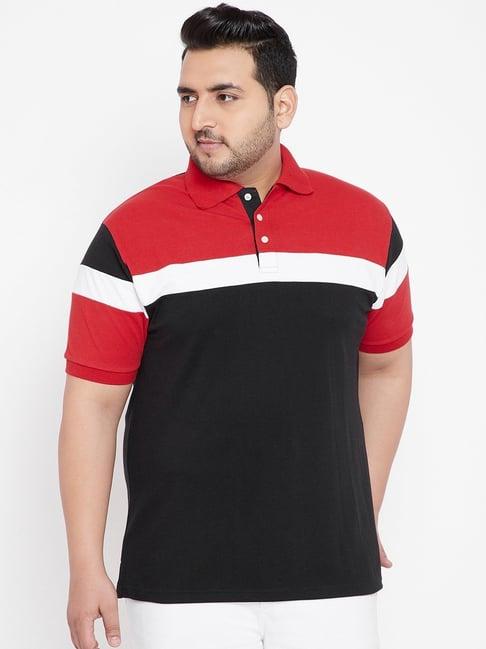 bigbanana black & red cotton regular fit colour block plus size polo t-shirts