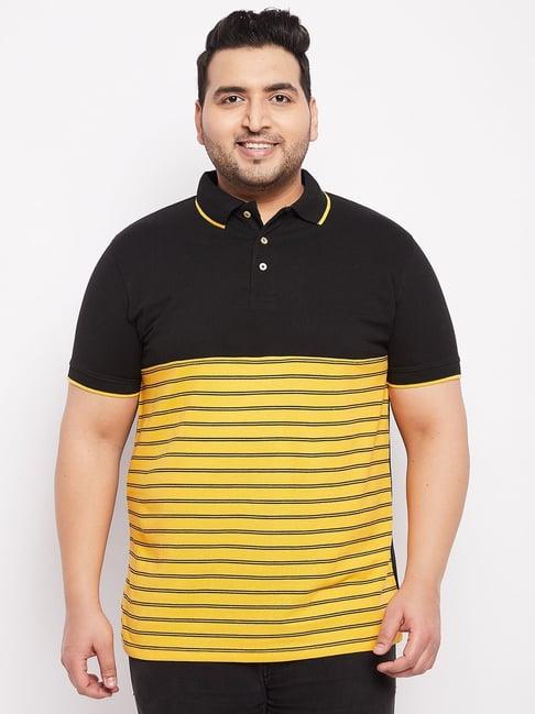 bigbanana black & yellow cotton regular fit colour block plus size polo t-shirts
