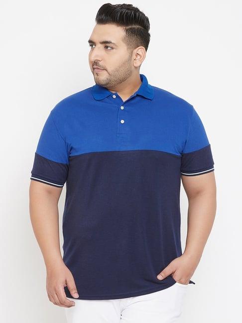 bigbanana blue cotton regular fit colour block polo t-shirt