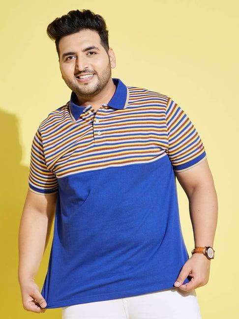 bigbanana blue cotton regular fit striped plus size polo t-shirts