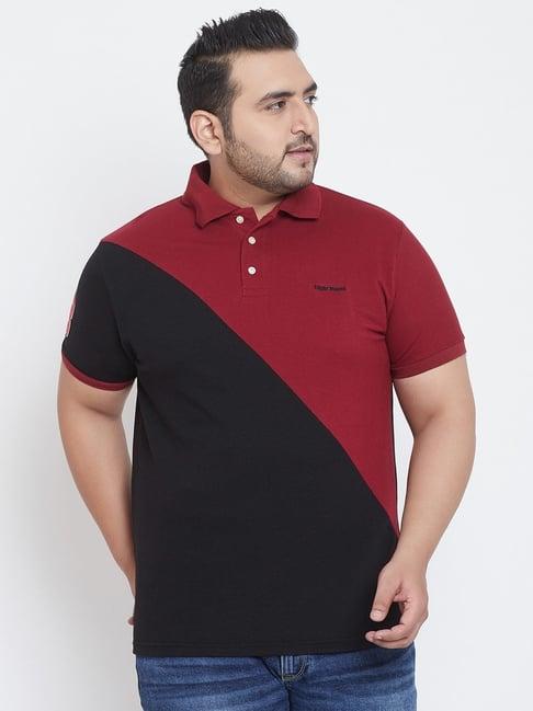 bigbanana maroon & black cotton regular fit colour block polo t-shirt