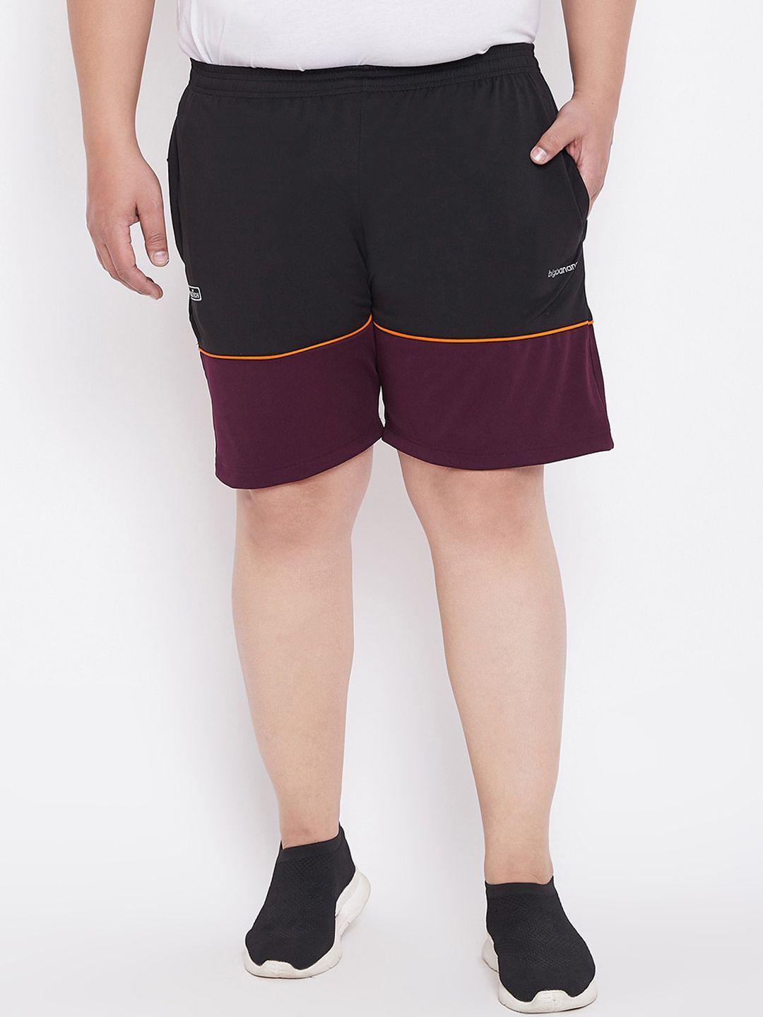 bigbanana men black & maroon colourblocked regular fit sports shorts