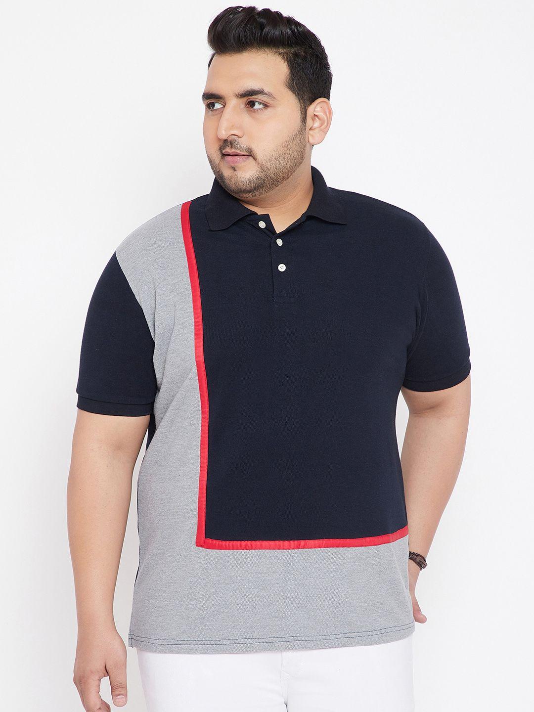 bigbanana plus size men navy blue  grey colourblocked polo collar pure cotton t-shirt