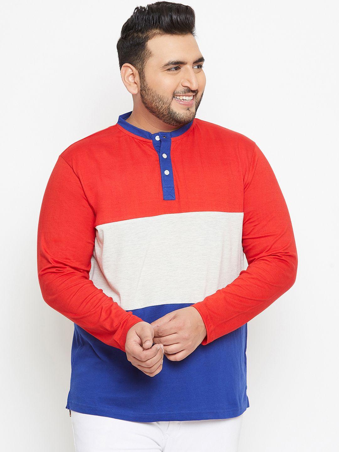 bigbanana plus size men red  blue colourblocked bio finish henley neck pure cotton t-shirt