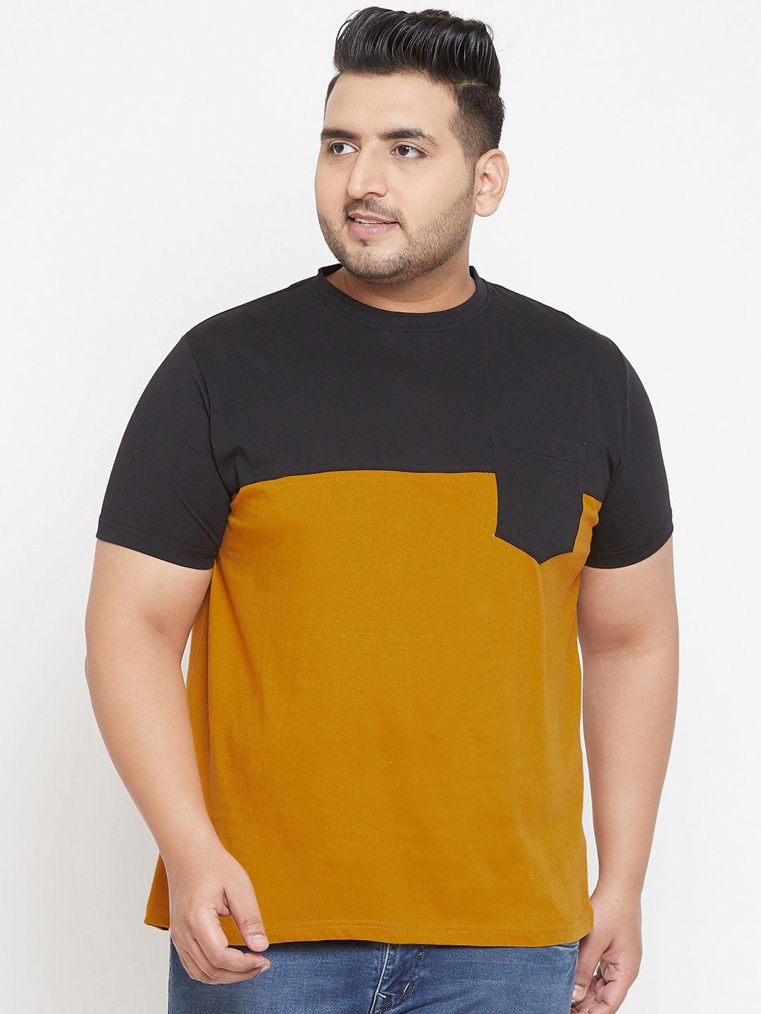 bigbanana plus size men yellow  black colourblocked round neck t-shirt