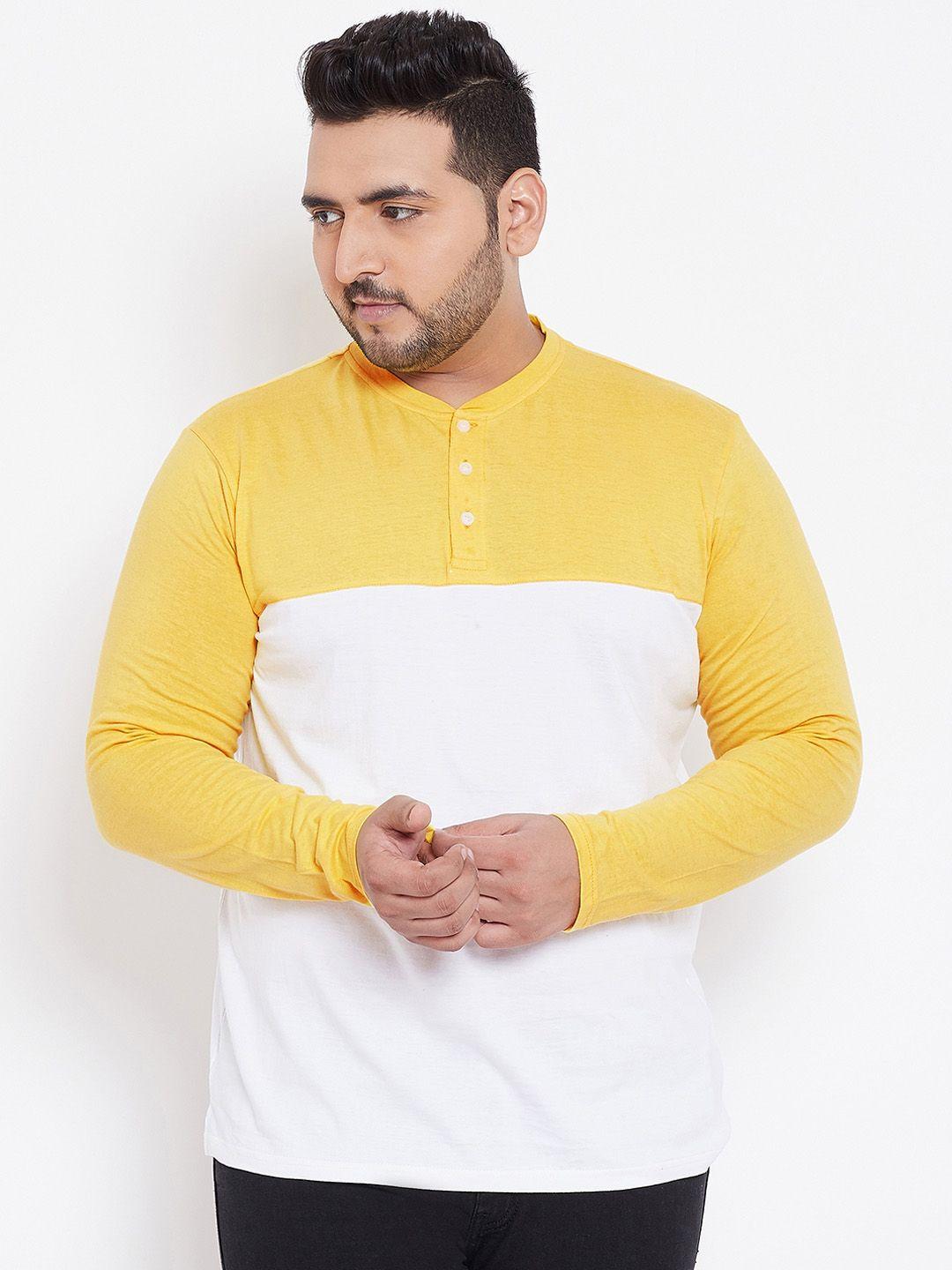 bigbanana plus size men yellow  white colourblocked henley neck bio finish pure cotton t-shirt