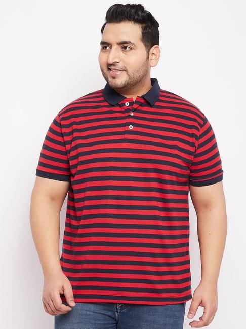 bigbanana red cotton regular fit striped plus size polo t-shirts