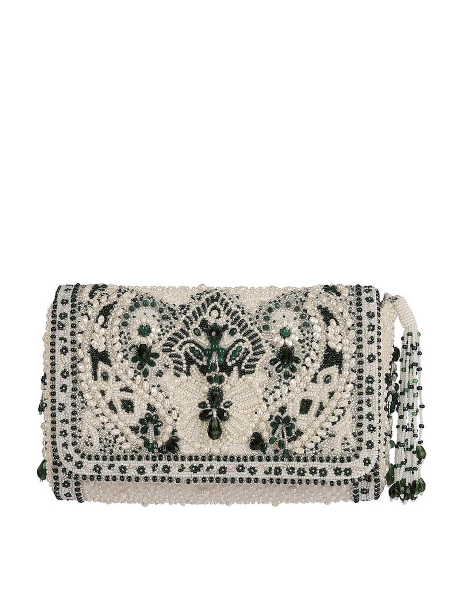 bijoux flapover clutch pristine ivory emerald green with handle