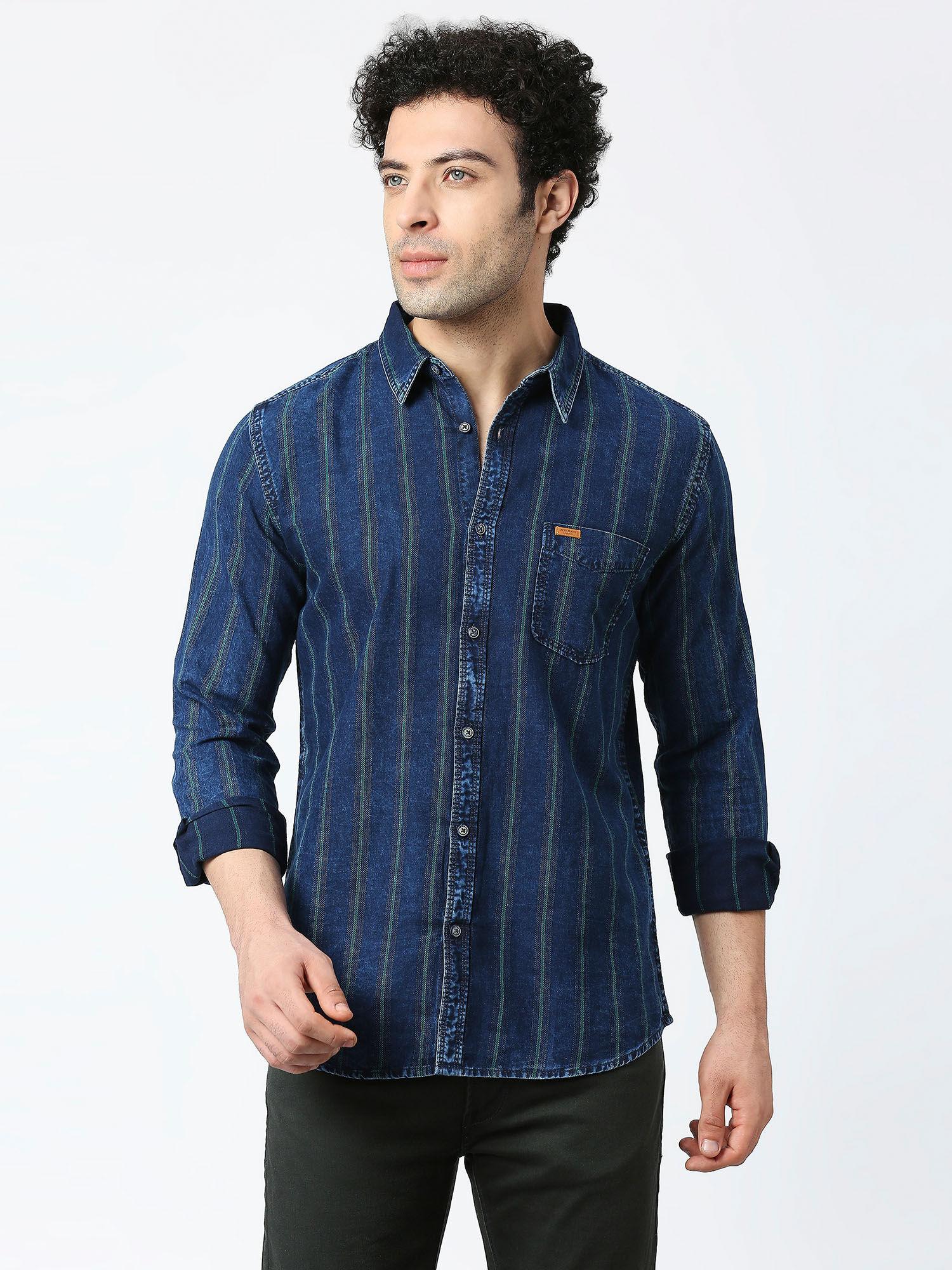 bily full sleeves indigo stripe casual shirt