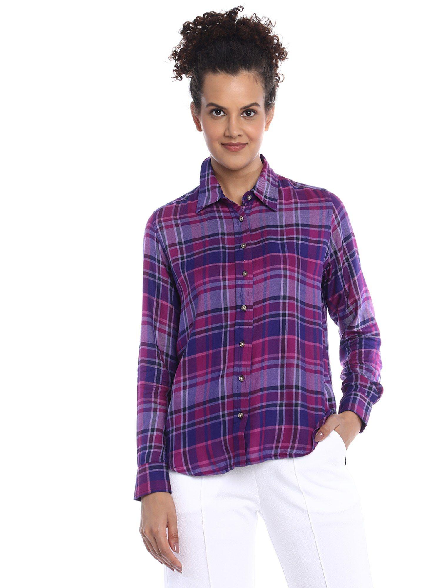 bina purple checks soft viscose shirt for women