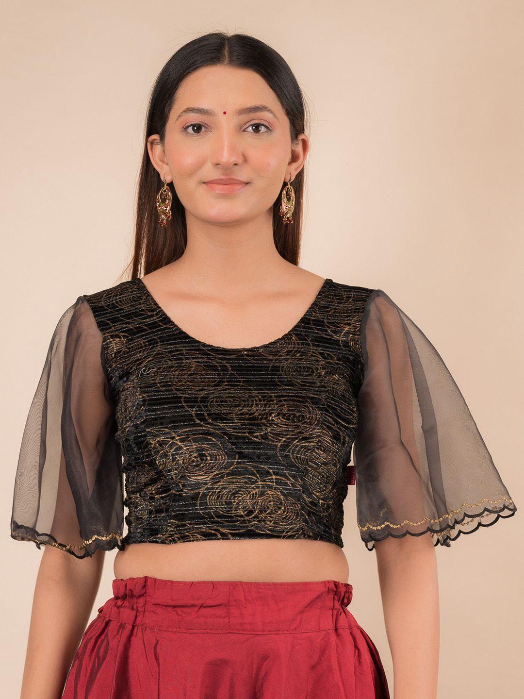 bindigasm's advi embellished bell sleeves stretchable velvet saree blouse