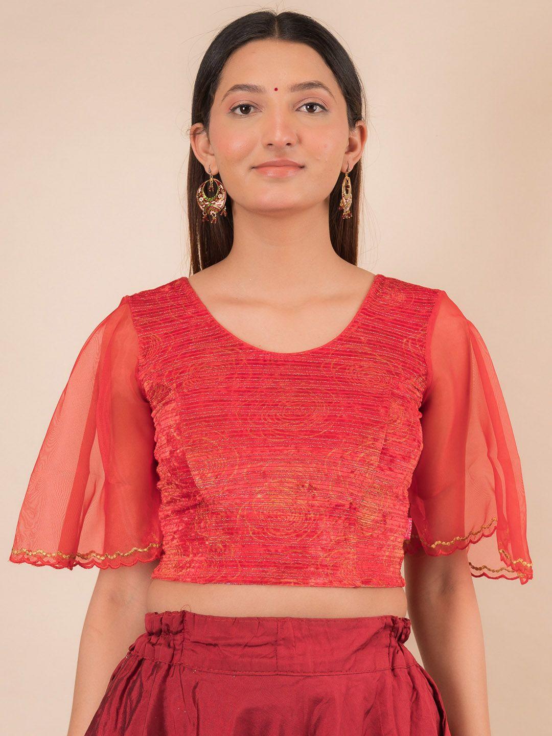 bindigasm's advi embellished bell sleeves stretchable velvet saree blouse