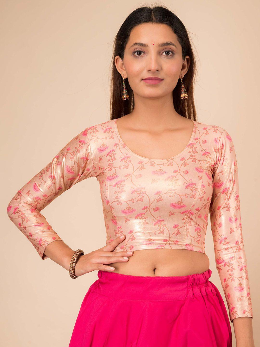 bindigasm's advi floral printed shimmer jacquard stretchable saree blouse