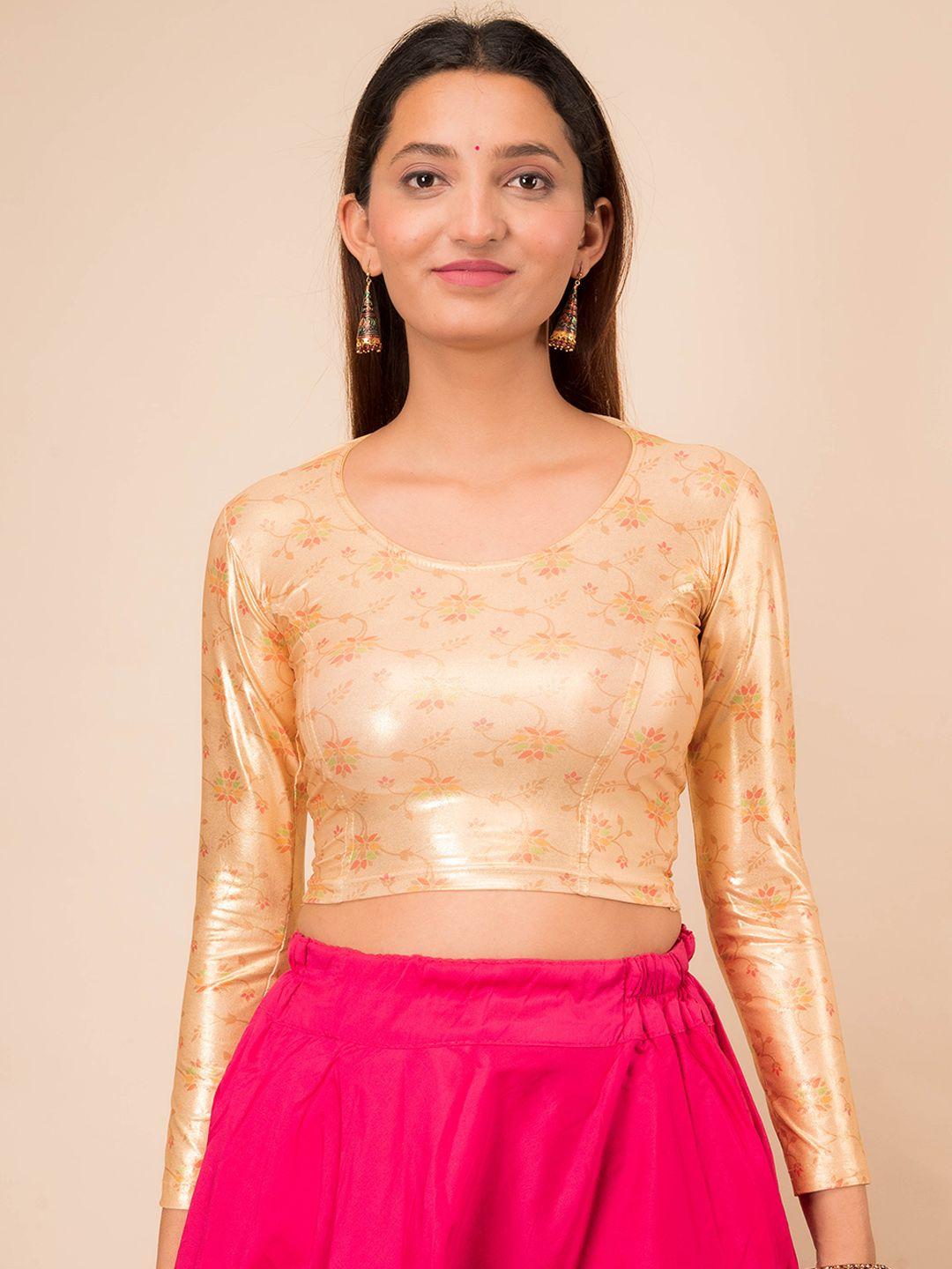 bindigasm's advi floral printed shimmer stretchable jacquard saree blouse