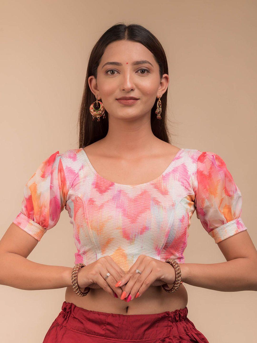 bindigasm's advi printed puff sleeve stretchable saree blouse