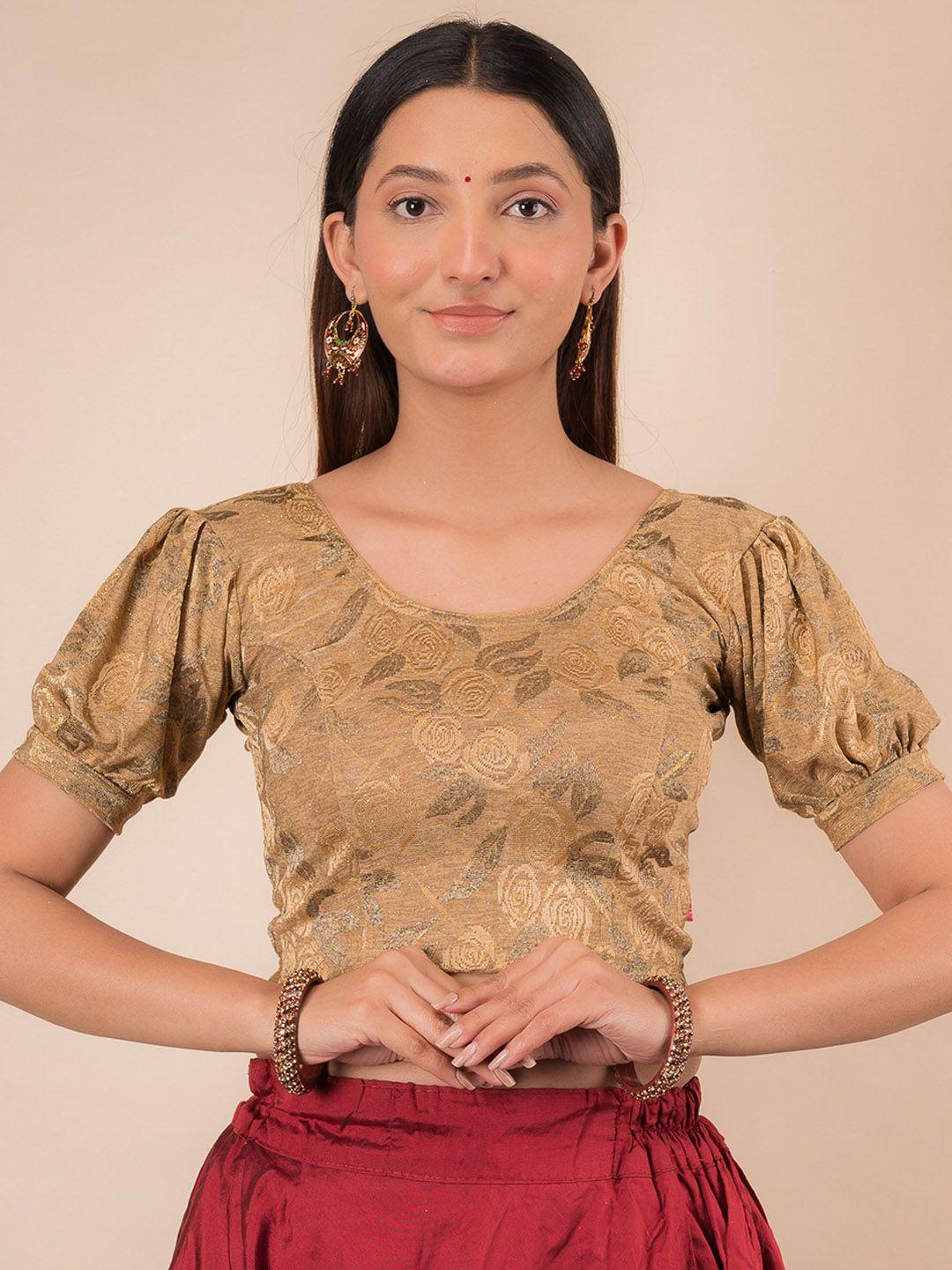 bindigasm's advi woven design puff sleeves stretchable jacquard saree blouse