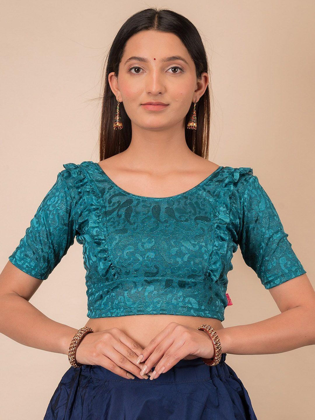bindigasm's advi woven design ruffles detailed stretchable jacquard saree blouse